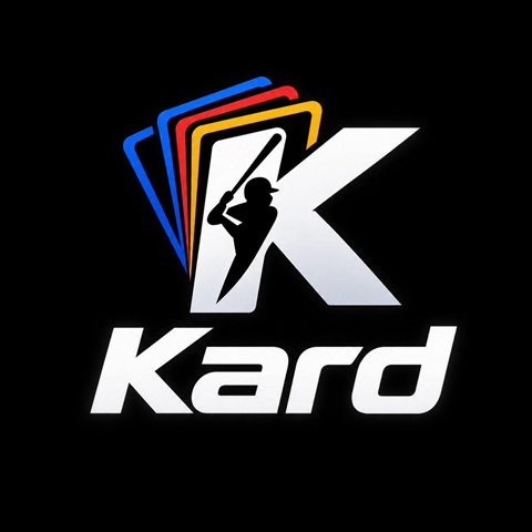 KARD logo: a white italic K with a batter silhouette over a fan of blue, red and amber cards